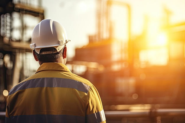 Vista posterior de un hombre con casco de seguridad en una obra de construcción IA generativa