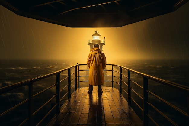 Vista posterior de un hombre vestido con un impermeable amarillo en un faro parado solo ante una tormenta inminente