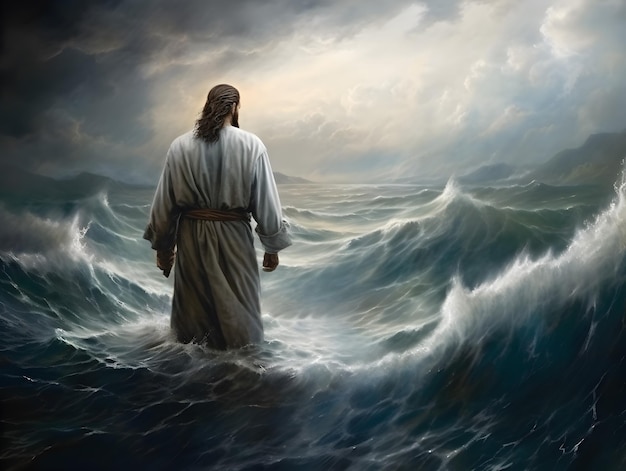 Vista posterior de Jesucristo caminando sobre el agua durante la tormenta
