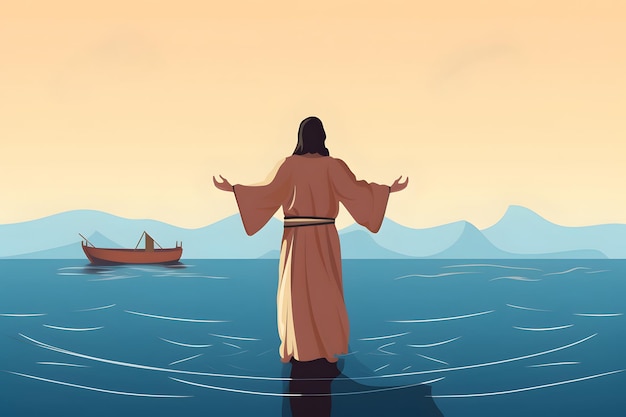 Vista posterior de Jesucristo caminando sobre el agua a través del mar hacia un barco durante la tormenta Tema bíblico
