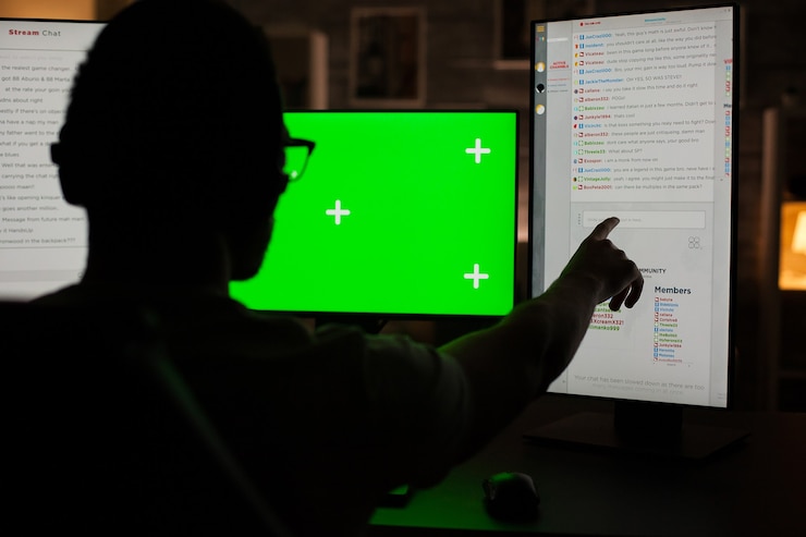 Foto vista posterior del joven apuntando al monitor de la computadora mientras juega en una habitación oscura. monitor con pantalla verde.