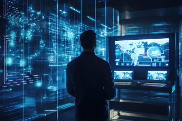 Vista posterior de un joven empresario mirando pantallas de hologramas en la sala de servidores Administrador trabajando con la red de ingeniería de protección de datos para la seguridad cibernética en el centro de datos Generado por IA