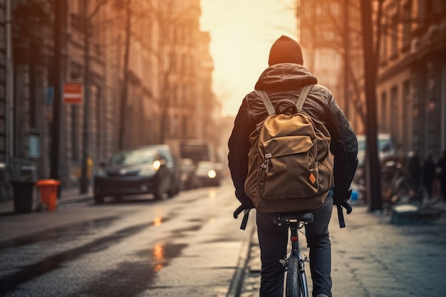 Vista posterior de un joven con una mochila parado en la calle y mirando la ciudad