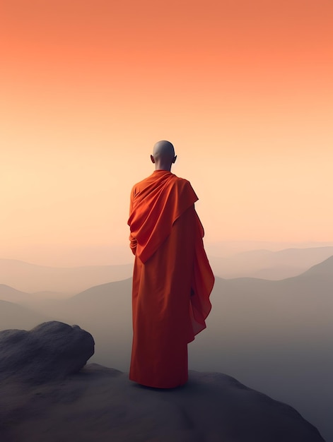 Vista posterior del monje budista parado en la cima de la montaña al hermoso atardecer o amanecer