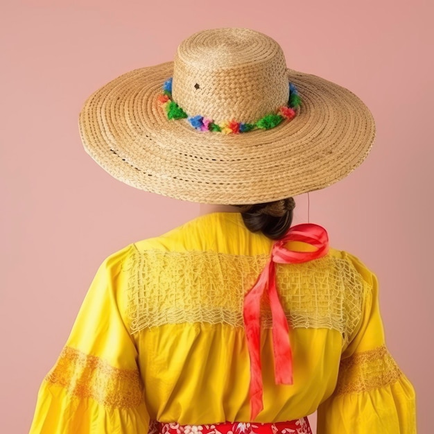 Vista posterior de la mujer asiática en vestido amarillo y sombrero de paja sobre fondo rosa