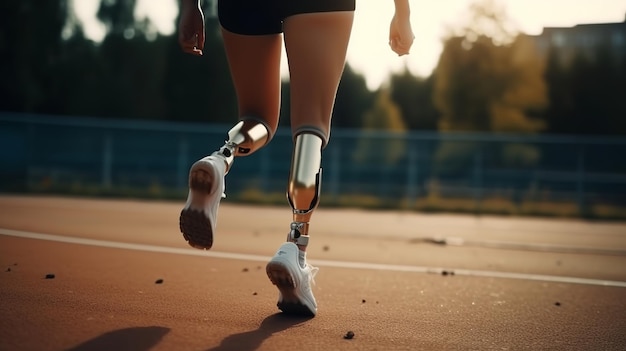 Vista posterior de la mujer atleta discapacitada con pierna protésica Concepto deportivo y de fitness