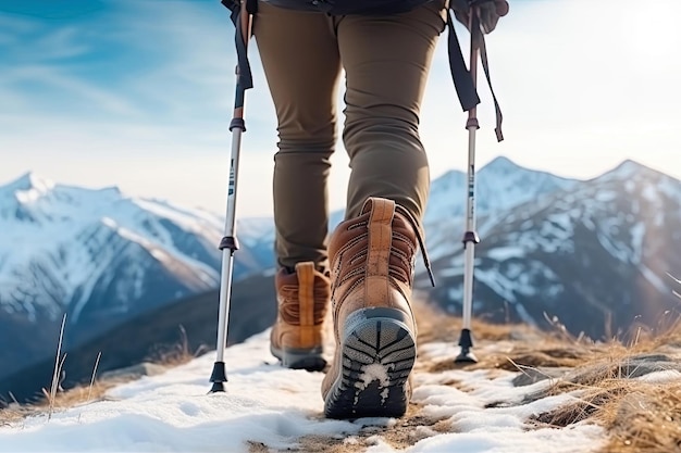 Vista posterior de una mujer caminando sola en una montaña invernal con bastones de trekking