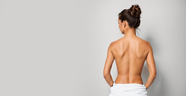 Vista posterior mujer con espalda desnuda y toalla sobre fondo blanco banner IA generativa