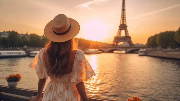 Vista posterior de una mujer joven mirando París