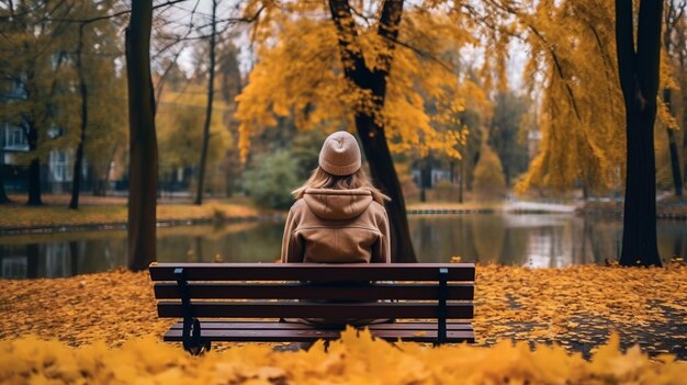 Vista posterior de una mujer joven sentada en un banco en el parque en otoño