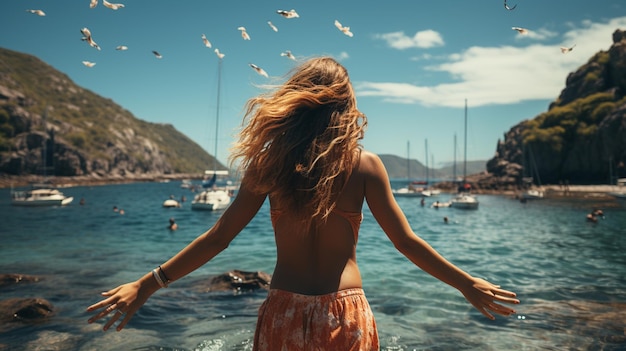 Vista posterior Mujer levanta las manos en la playa de verano Generativo Ai