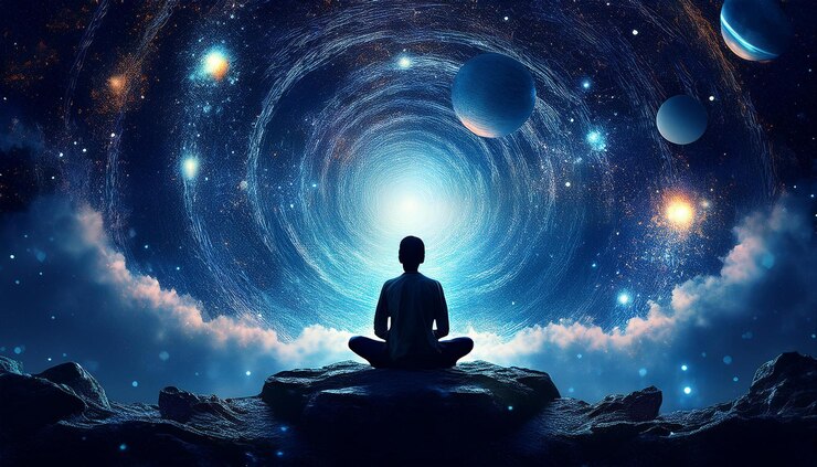 Vista posterior mujer meditando en el espacio