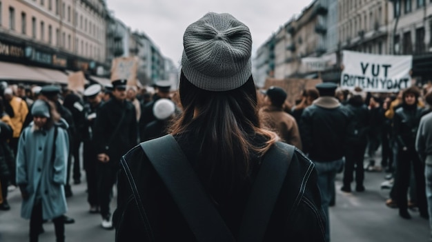 Vista posterior de una mujer La multitud se reunió para protestar por el ai generativo