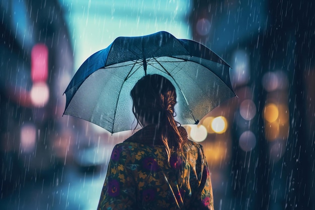 Vista posterior de una mujer con paraguas en la ducha de lluvia Señora caminando en tiempo lluvioso en la calle urbana Generar ai