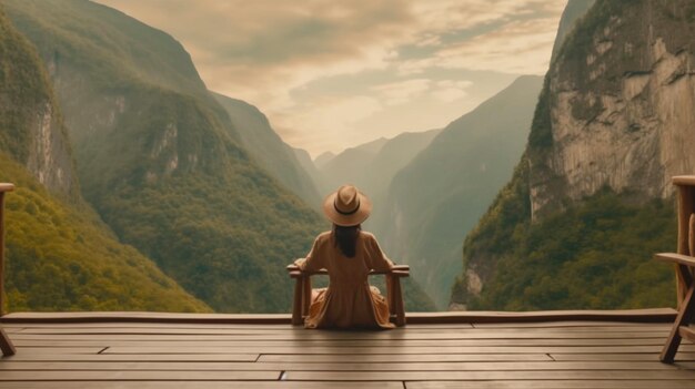 Vista posterior de una mujer sentada en un porche de madera que se extiende hacia un acantilado de alta montaña IA generativa