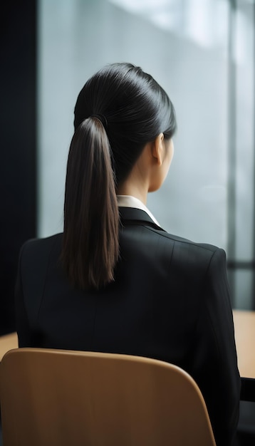 Vista posterior de una mujer con traje esperando un interrogatorio o una entrevista de trabajo generada por IA