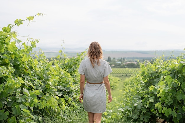 Vista posterior de una mujer en vestido de verano caminando por el viñedo