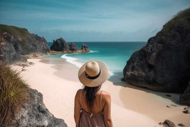 Vista posterior de una mujer viajera de pie en acantilados y playa tropical