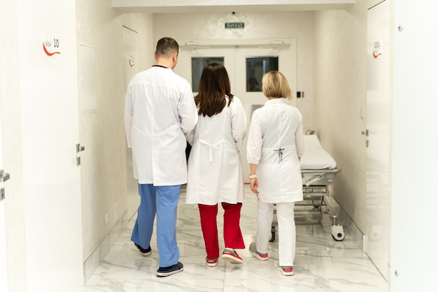 Vista posterior de las mujeres y los hombres, médicos. Médicos caminando por el pasillo. Médicos y enfermeras de los trabajadores sanitarios en el trabajo en el hospital. Concepto de equipo clínico