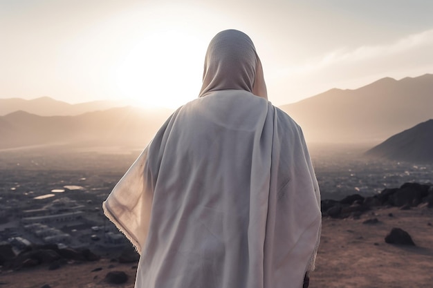 Vista posterior de un musulmán vistiendo ropa de Hajj para el viaje sagrado en el desierto árabe de Arafah