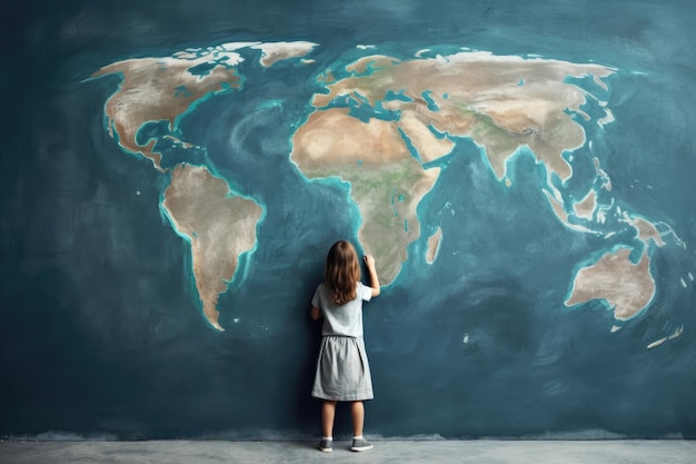 Vista posterior de una niña dibujando el mapa mundial en la pared IA generativa