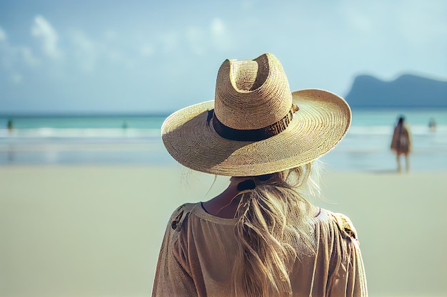 Vista posterior de una niña con un sombrero de paja en la playa en Tailandia IA generativa IA generativa