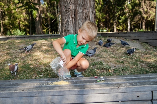 Vista posterior del niño dándole de comer a las palomas con pan rallado en un día de verano en el parque