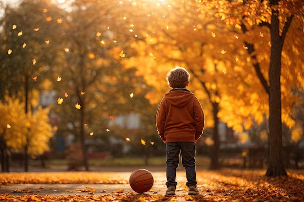 vista posterior del niño pequeño juega con baloncesto en el juego ai generativo