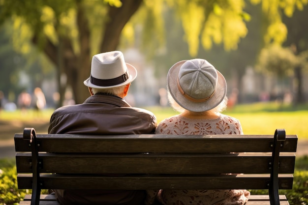 Vista posterior de una pareja de ancianos sentada en un banco en un parque de verano IA generativa