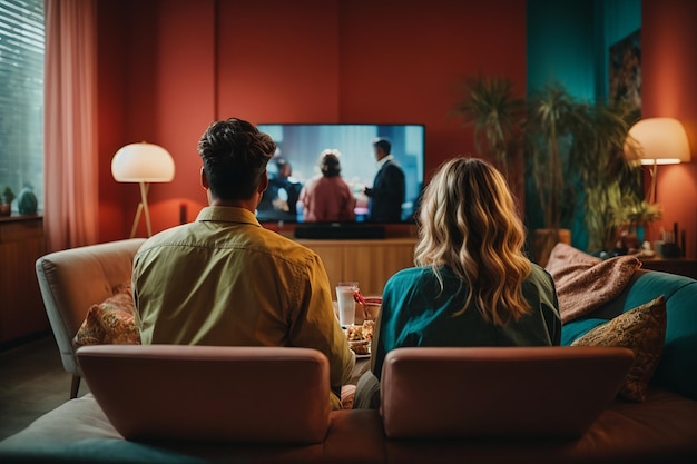 Vista posterior de una pareja en la sala viendo una película en la televisión mientras come comida para llevar