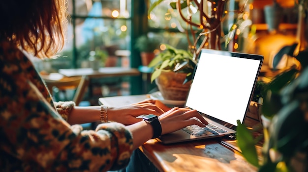 Vista posterior en primer plano de una joven empresaria que trabaja en una computadora portátil genérica en un escritorio con un teléfono móvil y un smartphone