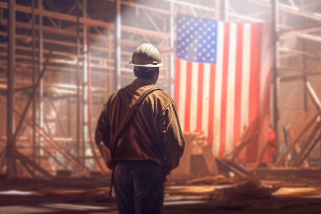 Vista posterior retrato de un trabajador constructor de pie contra el fondo de la bandera de EE.UU. en la celebración del Día del Trabajo Trabajador en uniforme y casco de construcción de seguridad generado AI