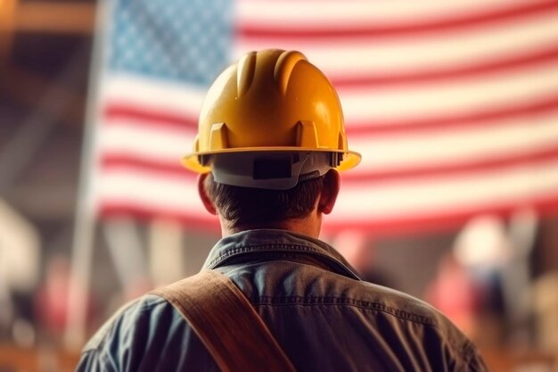 Vista posterior retrato de un trabajador constructor de pie contra el fondo de la bandera de EE.UU. en la celebración del Día del Trabajo Trabajador en uniforme y casco de construcción de seguridad generado AI