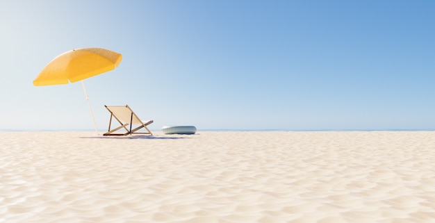 Vista posterior de una silla con sombrilla en la playa y horizonte despejado. concepto de vacaciones de verano. Representación 3d