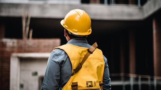 Vista posterior de un trabajador de la construcción con casco amarillo