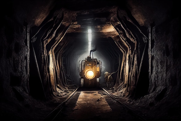 Foto vista del pozo de la mina subterránea con luces y equipos visibles rodeados de oscuridad