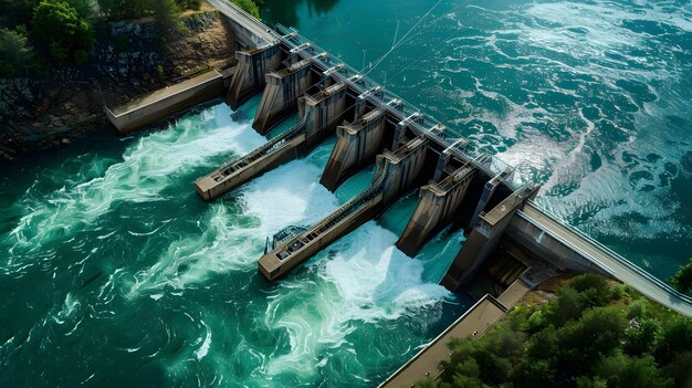 vista de la presa de agua desde arriba energía renovable paisaje aéreo