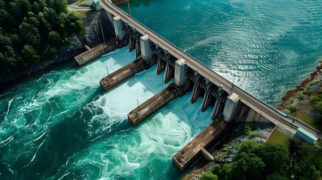 vista de la presa de agua desde arriba energía renovable paisaje aéreo