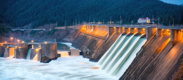 Vista de la presa hidroeléctrica en el río generativo ai