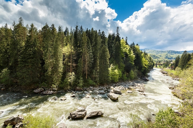 Vista primaveral escénica del caudaloso río Prut cerca de Yaremche en la región de los Cárpatos en Ucrania Destinos turísticos y resorts naturales en Ucrania