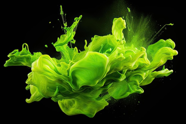 Vista de primer plano del arte abstracto verde de la explosión de tinta colorida sobre fondo oscuro IA generativa