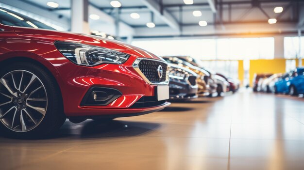 Una vista en primer plano de un coche rojo brillante en una sala de exposición con otros vehículos en el fondo El enfoque está en el faro delantero y el área de la parrilla