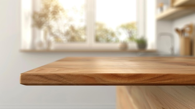 La vista en primer plano está en un panel de mostrador para la exhibición o presentación de productos. En el fondo se muestra un plato de mesa de cocina o oficina marrón sólido con superficie de material de madera.