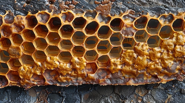 Vista en primer plano de una estructura de panal que muestra sus intrincados patrones Detalle capturado en colores vivos perfecto para temas naturales y científicos Ideal para contenido educativo IA