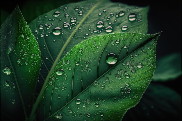 Vista de primer plano de fondo de hoja verde con gotas de rocío en las hojas Resumen de follaje natural de textura de licencia para mostrar el concepto de negocio verde y ecología para el fondo de vegetación orgánica IA generativa