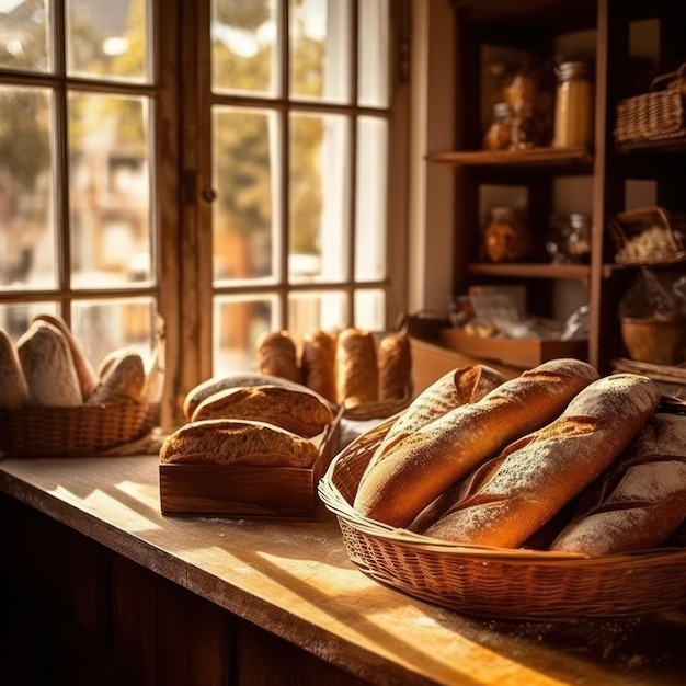 Vista de primer plano de hogazas de pan Pan recién horneado fondo de panadería tradicional IA generativa