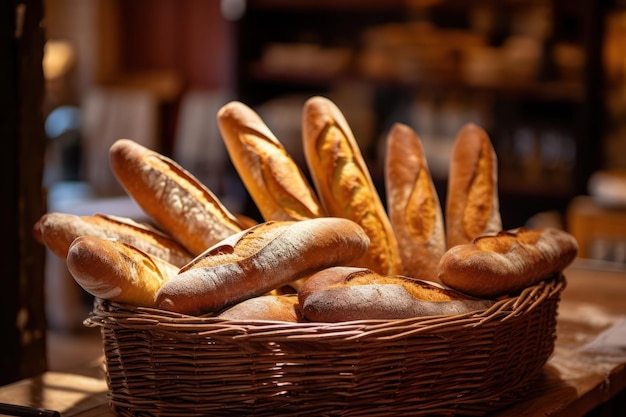 Vista de primer plano de hogazas de pan Pan recién horneado fondo de panadería tradicional IA generativa