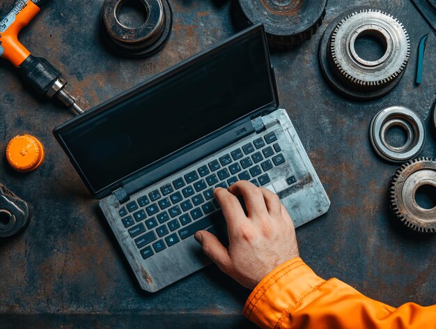 Vista de primer plano de una mano usando una computadora portátil entre herramientas y engranajes en una mesa de taller perfecta para temas industriales y tecnológicos