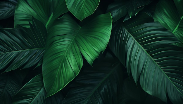 Vista de primer plano de la naturaleza del fondo de hojas verdes y palmeras Ilustración de IA generada