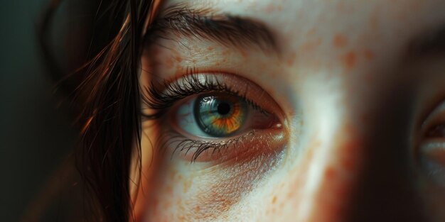 Foto vista en primer plano del ojo de una persona con pecas visibles esta imagen se puede utilizar para representar la belleza natural, la singularidad o la diversidad